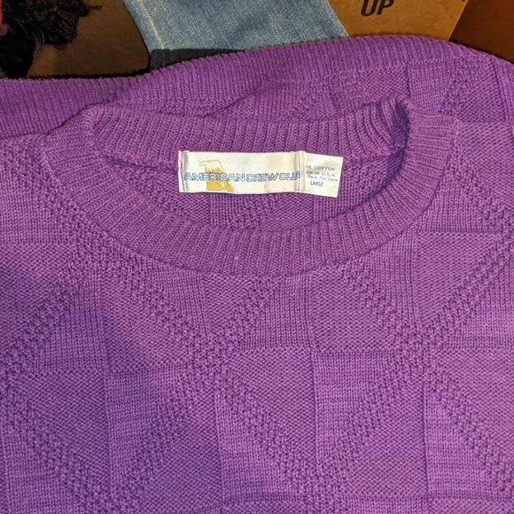VTG American Crew Club Sweater - Purple with Pattern - Made in USA - 100% Cotton - Picture 3 of 11